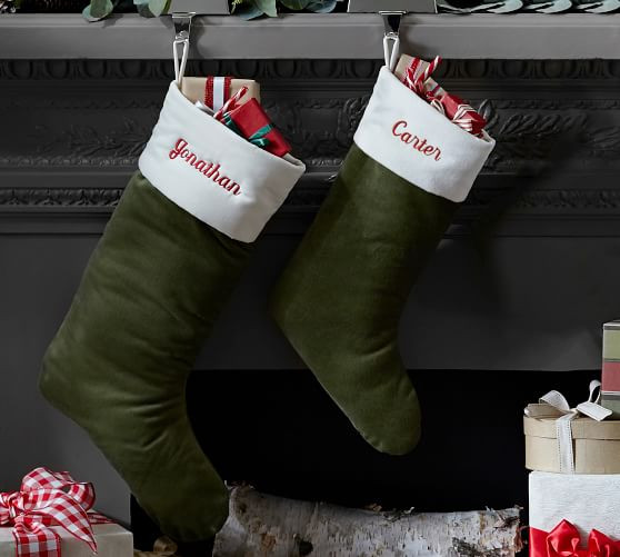 Personalized Classic Velvet Stockings - Green with Ivory Cuff | Pottery Barn (US)