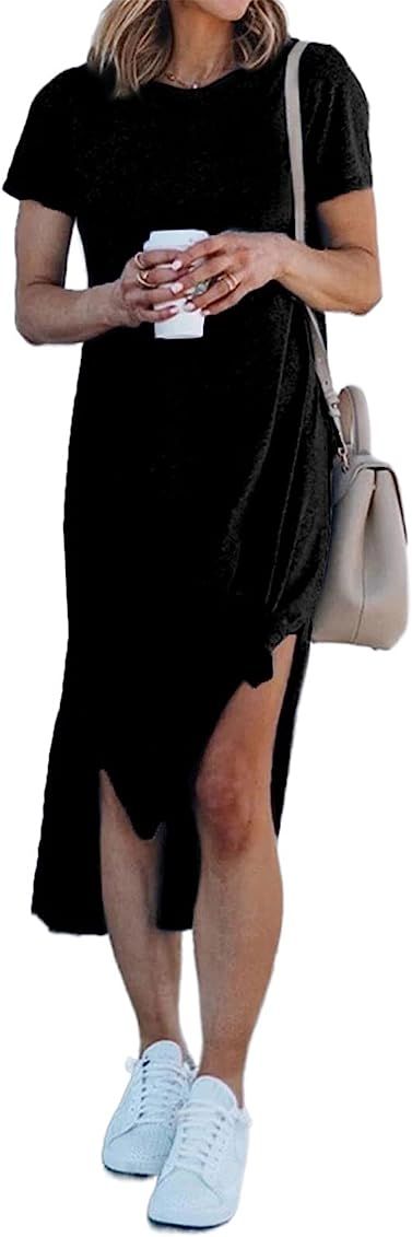 AILUNSNIKA Womens Casual T-Shirt Midi Dress Sexy Side Slit Long Dresses | Amazon (CA)