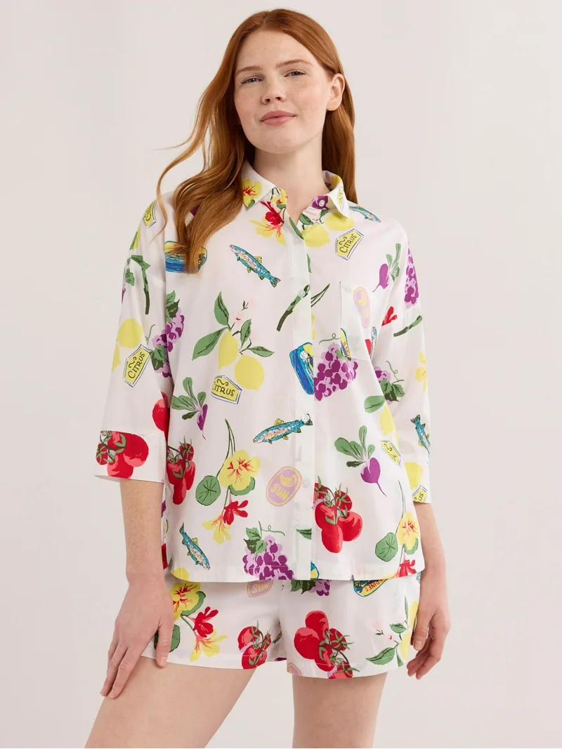 Joyspun Women’s Woven ¾ Sleeve Notch Collar Top and Boxer Shorts Pajama Set, Sizes XS-3X | Walmart (US)