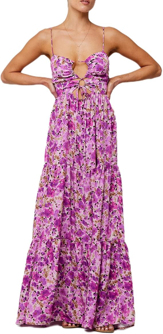 Women's Y2K Cami Long Dress Sleeveless Spaghetti Strap Cross Tie-up Front Floral Print Beach Dres... | Amazon (US)