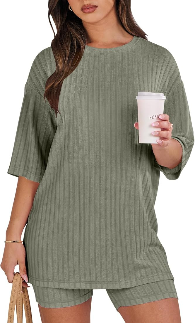 ANRABESS Women's Summer 2 Piece Outfits Lounge Sets Ribbed Knit Short Sleeve Loose Top and Biker ... | Amazon (US)