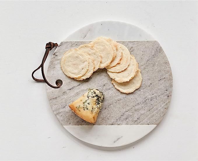 Creative Co-Op Grey & White Round Marble Leather Tie Cheese Board, Circle, White | Amazon (US)