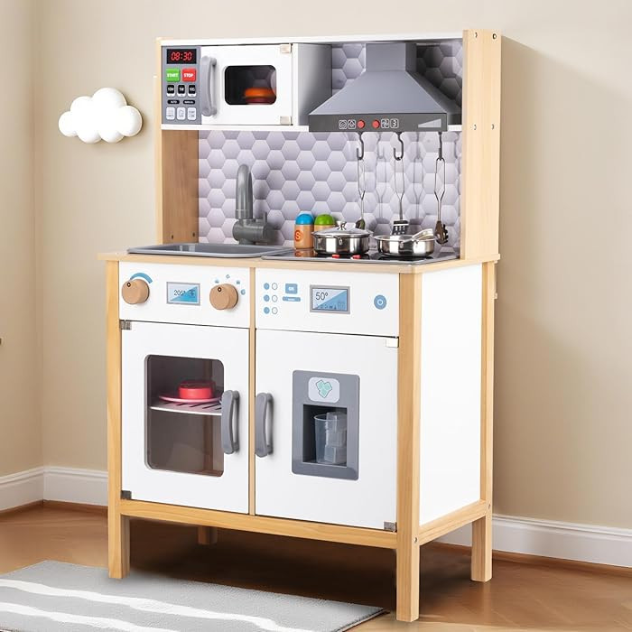 Wooden Play Kitchen for Kids – Pretend Play Kitchen Set with Cooking Accessories, Real Lights &... | Amazon (US)