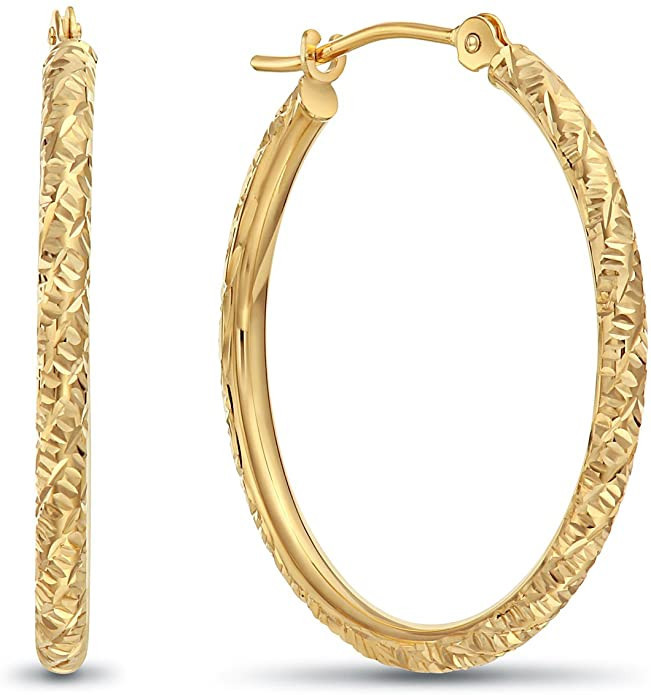 14k Gold Hand Engraved Diamond-cut Round Hoop Earrings -1'' Diameter | Amazon (US)