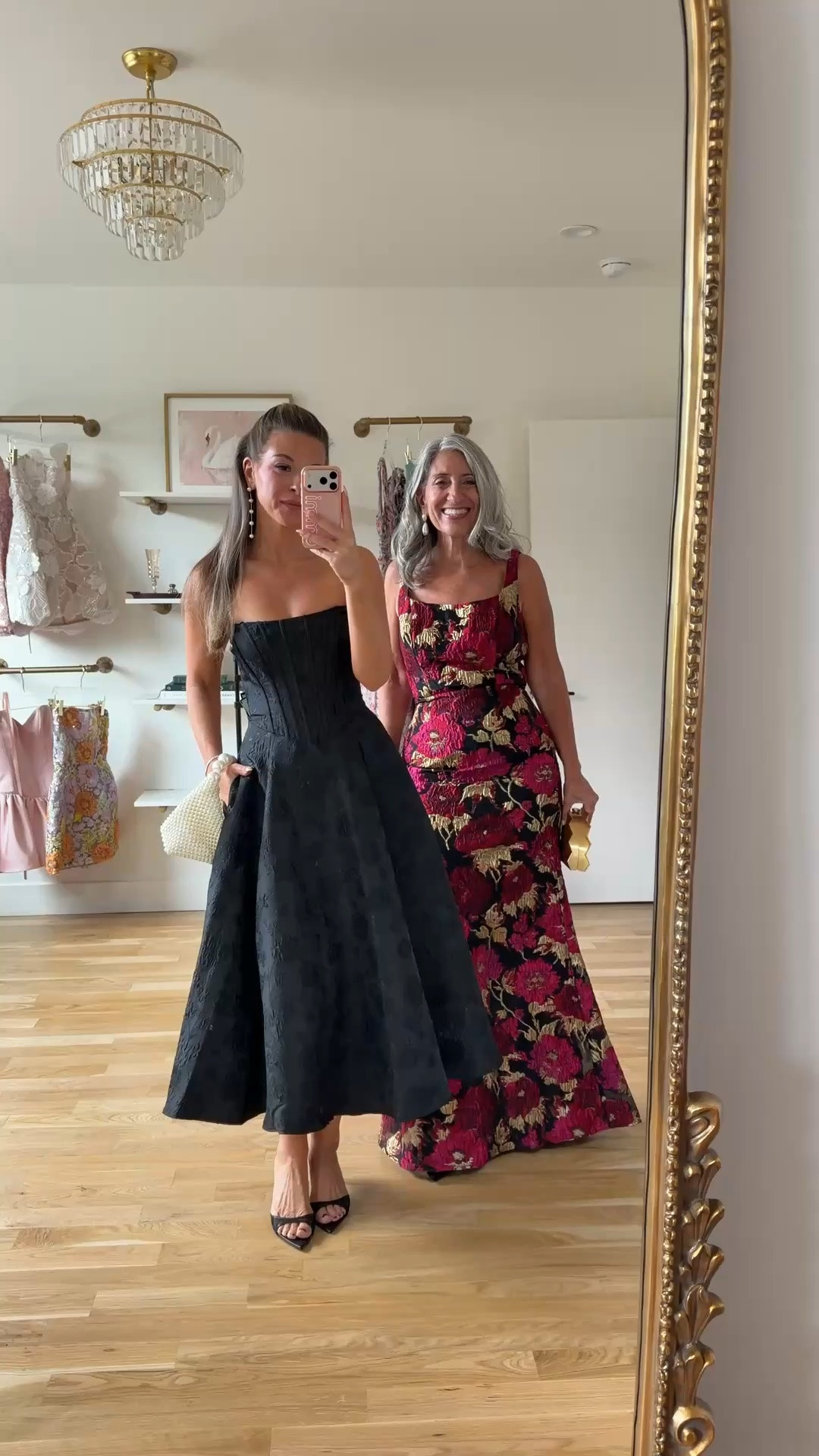 black strapless corset-bodice dress with full tea-length skirt, pink and gold floral gown with square neckline and fitted silhouette mom and me formal wedding guest and mother of the bride dresses 💍

I’m 5’4” and wear a size small/2 

mom is 5’4” and wears a medium/6

vici code: emerson30

fall wedding guest dresses, wedding guest dresses, cocktail dresses, semi-formal dresses, black tie wedding guest dresses, destination wedding guest dresses, garden party dresses, wedding guest outfit ideas, mom & me outfits, mom & me dresses, matching outfits, mother daughter outfits, family photo outfits, wedding guest dresses, mother of the bride, mother of the groom, wedding guest outfit ideas

#LTKBump #LTKU #LTKgrwm