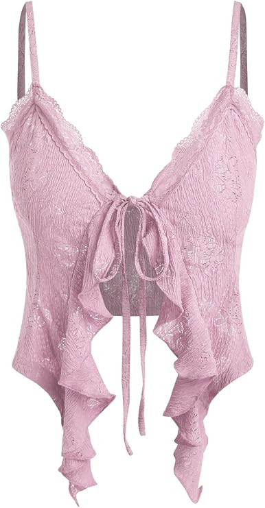 CIDER Going Out Tops for Women Y2K Tie Front Asymmetrical Ruffle Hem Lace Spaghetti Strap Cowgirl... | Amazon (US)