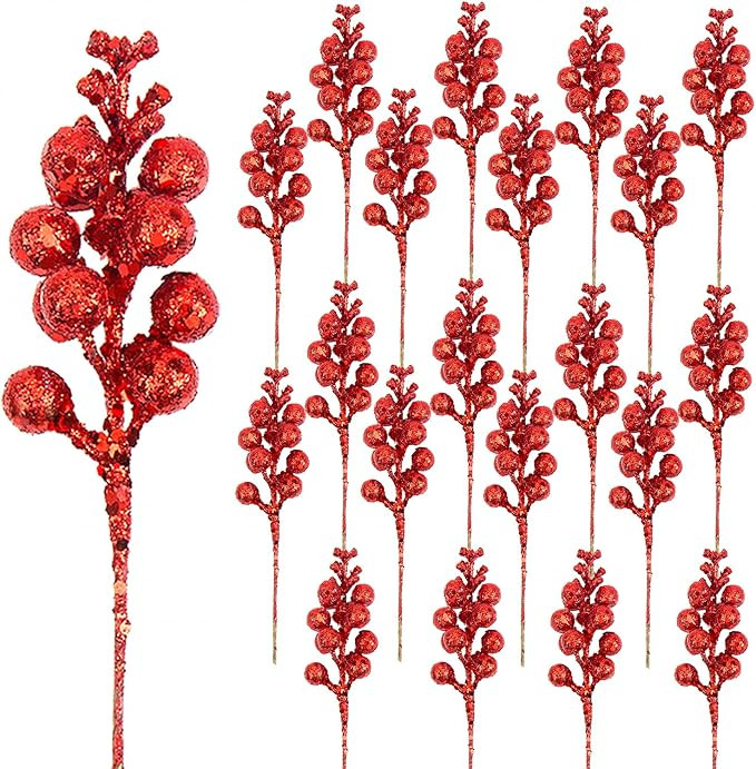 DIYASY Artificial Red Berry Stems,20 Pcs 7.8 Inch Glitter Christmas Tree Picks for Christmas Tree... | Amazon (US)