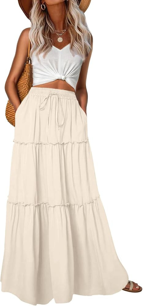 Lepunuo Womens Casual Boho High Waisted Flowy Maxi Skirts Trendy Floral Cute Long Skirts with Poc... | Amazon (US)