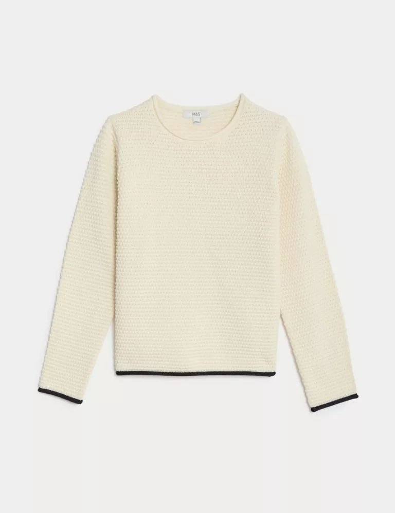 Cotton Rich Textured Crew Neck Tipped Jumper | Marks & Spencer (UK)