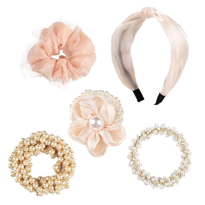 Women's Hair Accessories Set:Headband Organza Scrunchie Flower Hair Tie with pearl, Pearl Hair Ti... | Amazon (US)