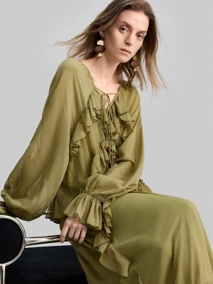 Ontre Women's Flowing Chiffon Dress With Ruffles, Bohemian Style, High Volume And Elegant Vacation Outfit | SHEIN