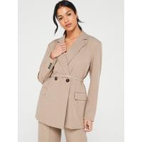 Belted Woven Blazer - Walnut | Very (UK)