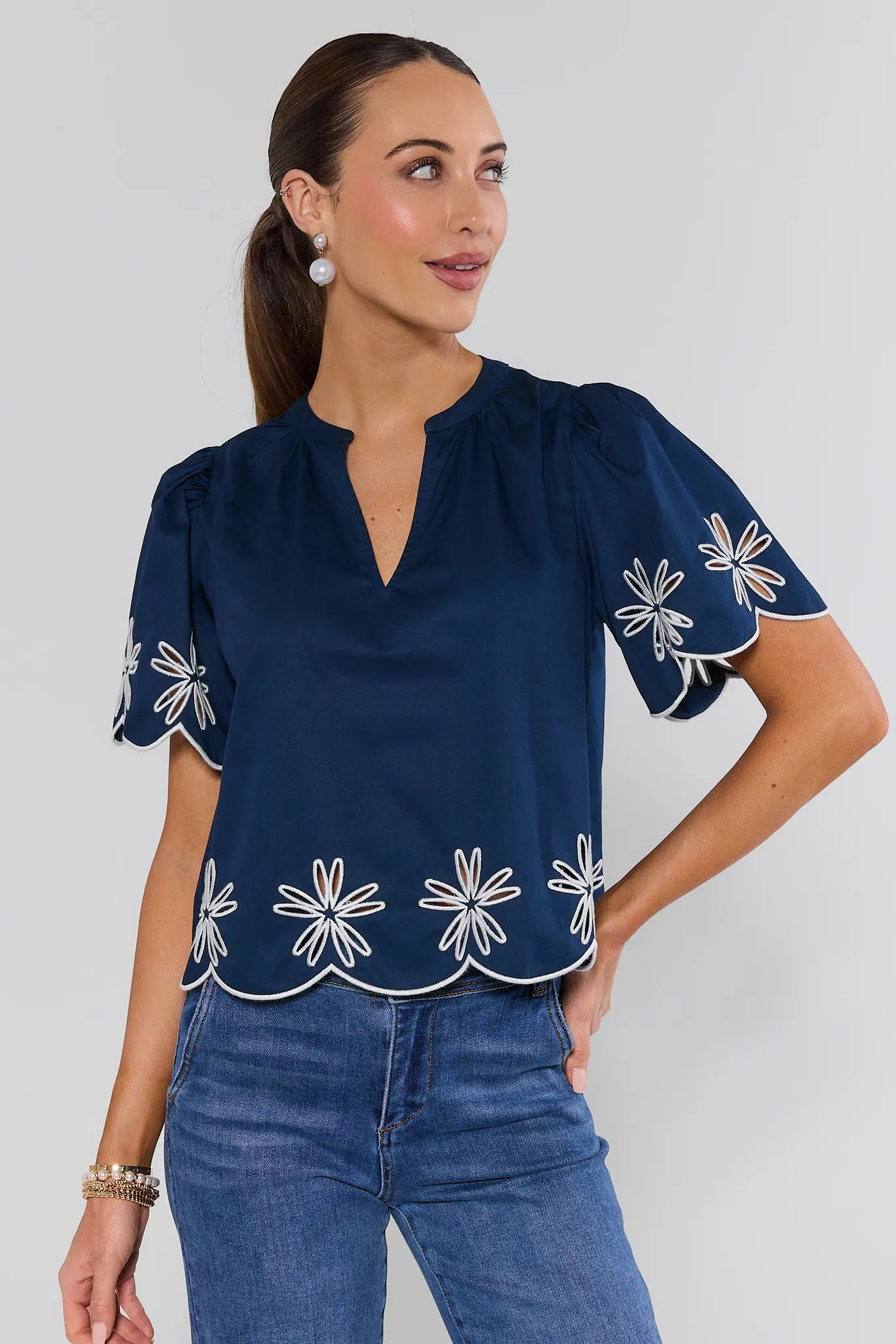 Navy Embroidered Trim Top | Avara