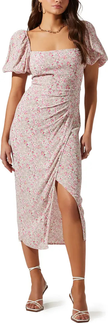 Puff Sleeve Front Slit Midi Dress | Nordstrom