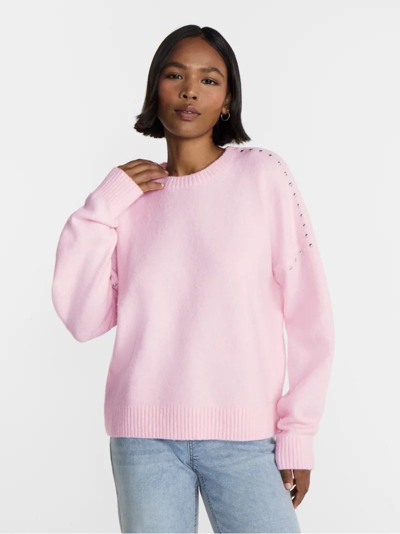 No Boundaries Studded Sweater, Lightweight, Women's and Women's Plus XXS-XXL | Walmart (US)