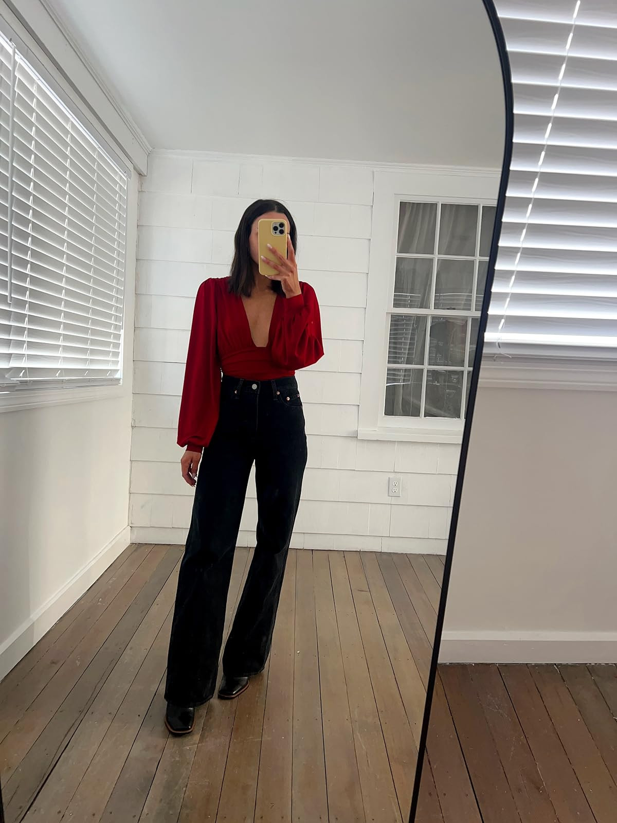 Valentine’s Day outfit- top in s, boots true to size. Long sleeve bodysuit/black denim jeans/ankle boots. 
 

 #LTKPetite #LTKFindsUnder100