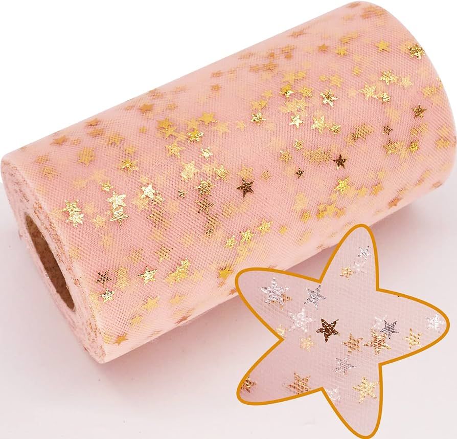 Glitter Tulle Fabric Rolls, Gold Foil Star Tulle Spool 6 Inch 50 Yards (150ft) Sparkle Sequin Net... | Amazon (US)