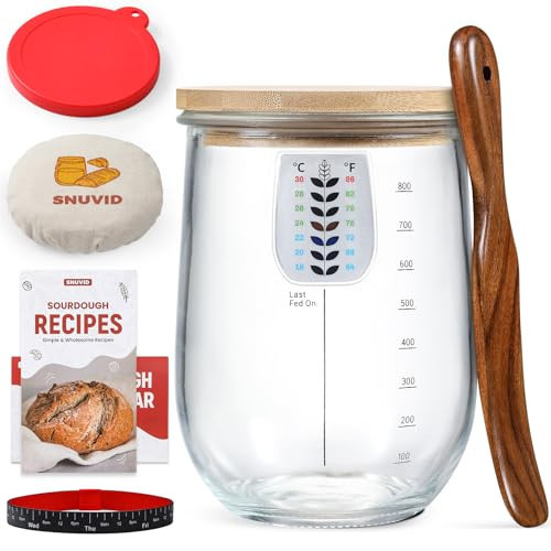 Snuvid 1 L (34 oz) Sourdough Starter Jar Kit, Wide Mouth Potbelly Crock - Glass Sour Dough Starter Bread Jar Set - Sourdough Baking Supplies - Sour Dough Bread Accessories Gifts for Sourdough Lovers | Amazon (US)