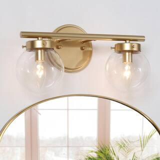 Uolfin 14.2 in. 2-Light Modern Farmhouse Brass Gold Bathroom Vanity Light with Clear Globe Glass Sha | The Home Depot
