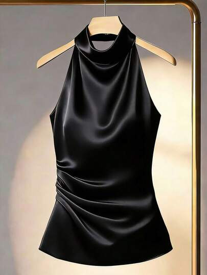 Franclia Women's Solid Color Halter Neck Drape Elegant Fitted Blouse, Summer | SHEIN