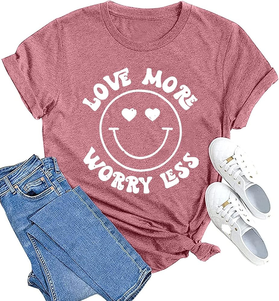 MAIHUN Valentines Day Shirt Love More Worry Less Shirts Women Happy Smile Face Tshirt Short Sleev... | Amazon (US)