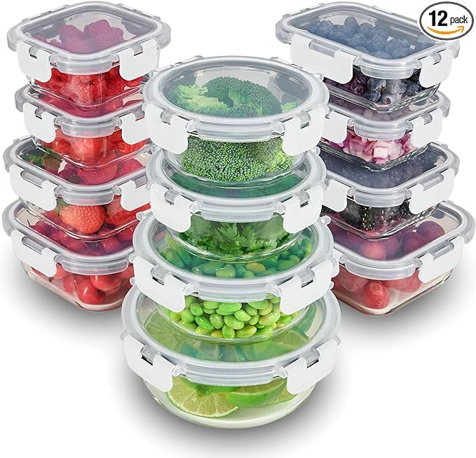 FineDine 24 Piece Glass Storage Containers with Lids - Leak Proof, Dishwasher Safe Glass Food Sto... | Amazon (US)