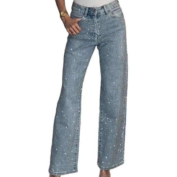 Famnbro Womens Rhinestone Jeans Baggy Y2K High Waisted Straight Wide Leg Sparkly Bling Glitter De... | Amazon (US)