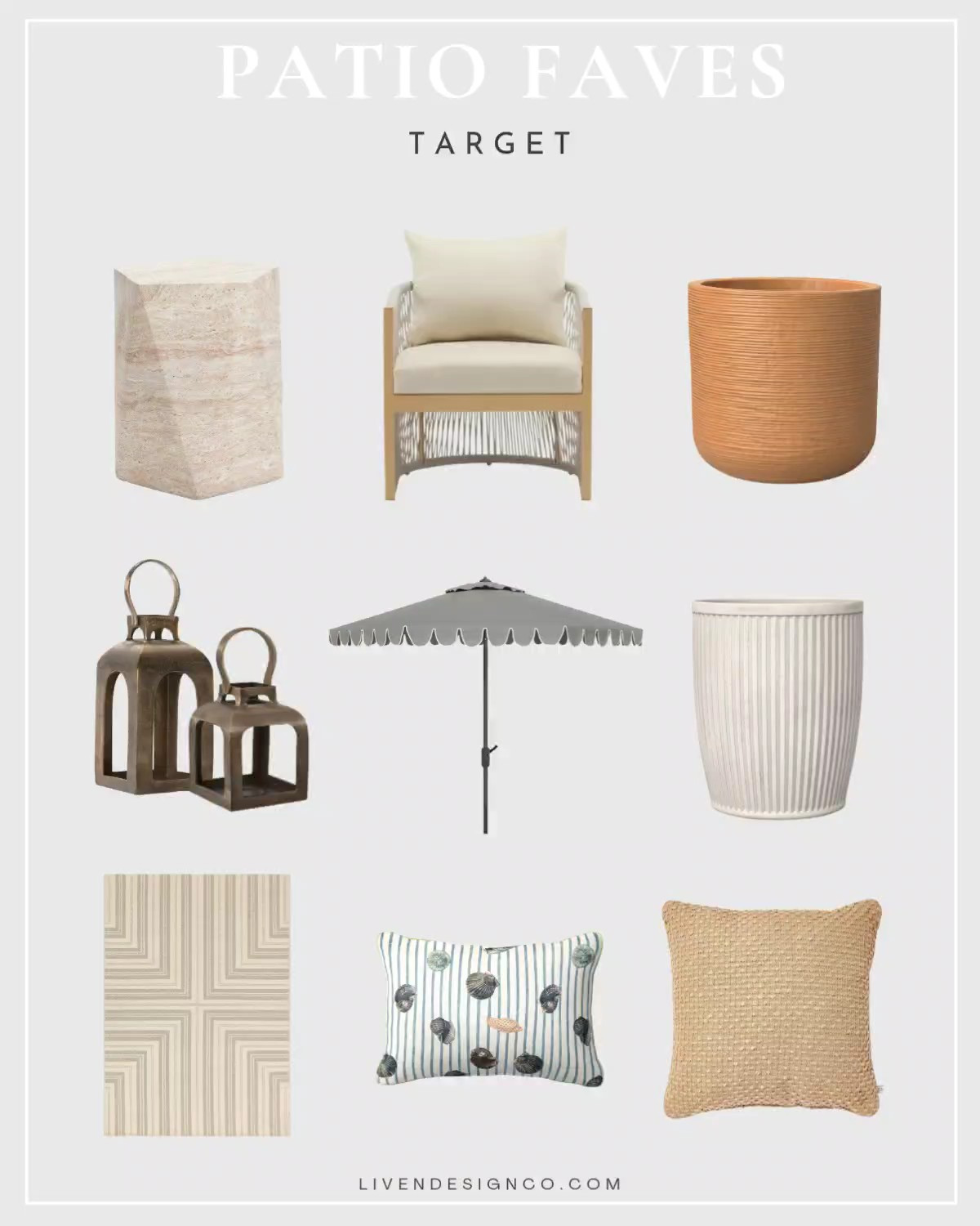 Target patio faves. Outdoor patio decor. Umbrella. Outdoor pillows. Outdoor lanterns. Outdoor rug. Neutral rug. Planters

#LTKSeasonal #LTKHome #LTKSaleAlert