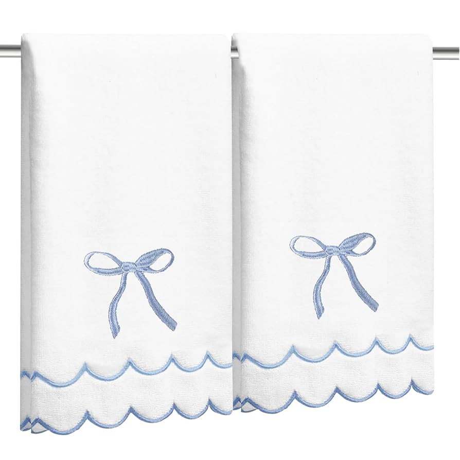 2 Pcs Coquette Bow Hand Towels 15.75 x 27.56 Inch Scalloped Embroidered Dish Towel 100% Cotton Cu... | Amazon (US)