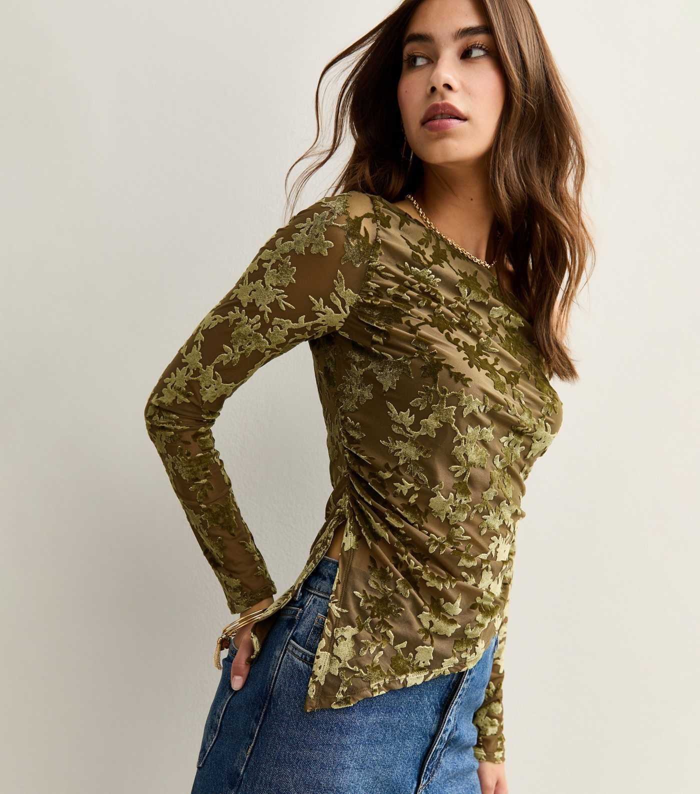 Green Velvet Devore Long Sleeve Top | New Look | New Look (UK)