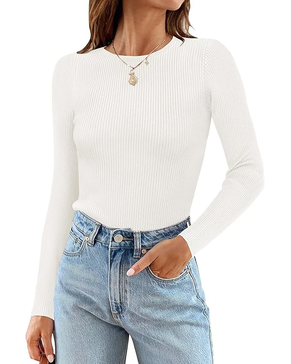 ZESICA Women's Long Sleeve Crewneck Shirts Spring Knit Sweater Slim Fitted Casual Basic Tee Tops | Amazon (US)