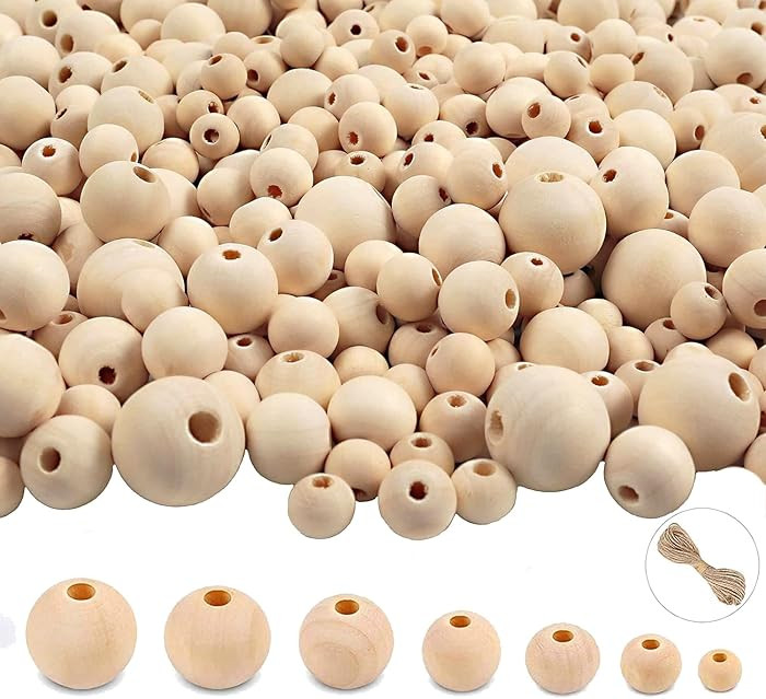 950pcs Wooden Beads for Crafts 7 Sizes Unfinished Natural Wood Bead Wooden Beads Bulk 6mm, 8mm, 1... | Amazon (US)