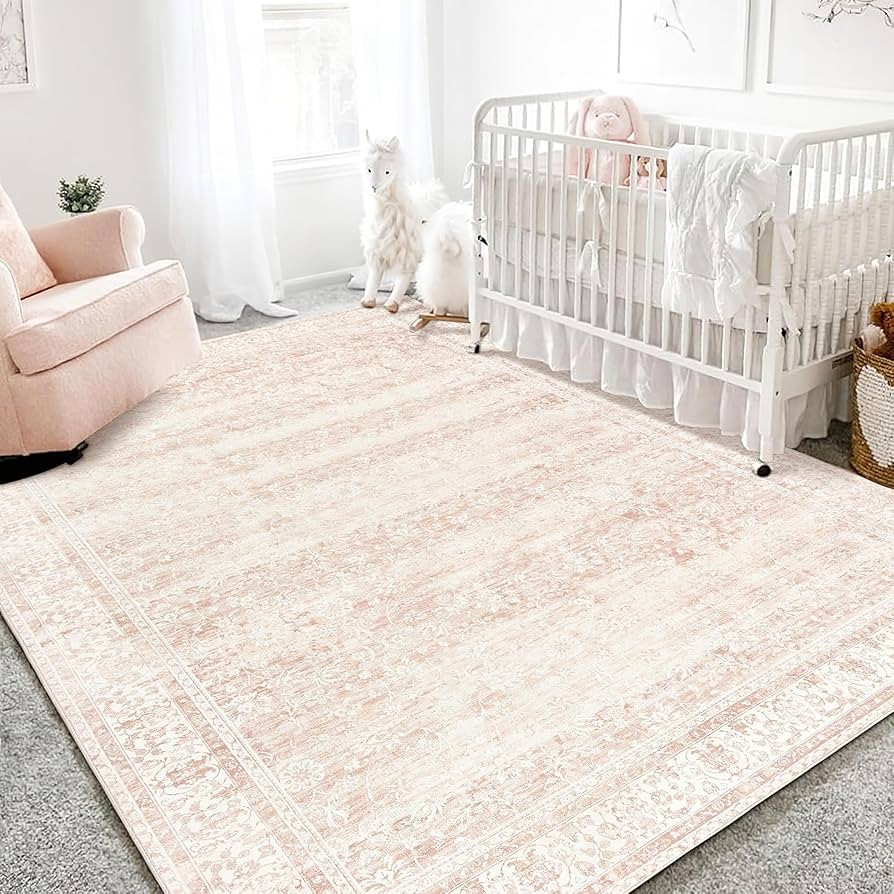 Nursery Rug for Baby Girl,Neutral Blush Pink Boho Cute Floral Foldable Machine Washable Soft Faux... | Amazon (US)