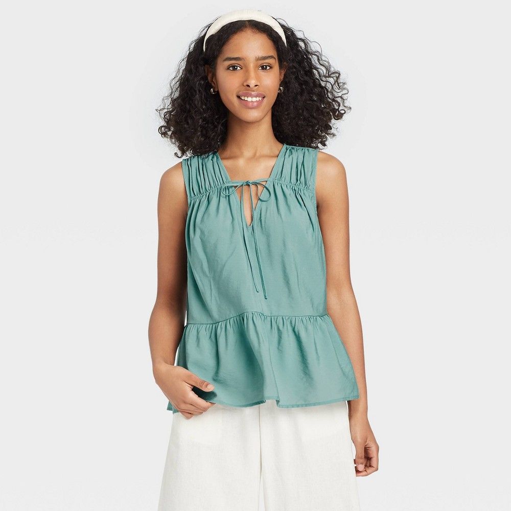 Women's Sleeveless Smocked V-Neck Top - A New Day Teal XL, Blue | Target