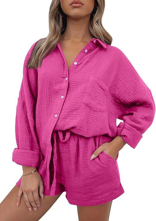 AUTOMET 2 Piece Outfits For Women Lounge Sets Pajama Sets Long Sleeve Button Down Oversized Shirt... | Amazon (US)