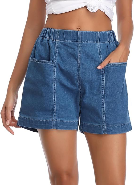 Fuinloth Women's Denim Shorts, Elastic Wasit Mid Rise Loose Fit with 2 Front Pockets, Stretchy Je... | Amazon (US)