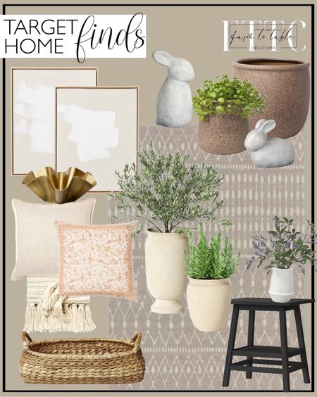 Target Home Finds. Follow @farmtotablecreations on Instagram for more inspiration.

Neutral Moroccan Rectangular Woven Indoor Outdoor Rug. Ceramic Indoor Outdoor Planter Pot Relaxed Tan. 30" Olive Tree in Pot. Crystal Chenille Woven Throw Blanket. Cement Rabbit. Lavender Arrangement. Haverhill Wood End Table. Oversized Reversible Linen Square Throw Pillow with Frayed Edge. Printed Easter Toile Block Print Square Throw Pillow Neutral. Set of 2) 16"x20" White Patches Embellished Framed Wall Art Canvas. Metal Wavy Bowl Gold - Threshold. Raised Striped Chunky Knit Throw Blanket. Oval Rim Woven Tray - Threshold. Plastic Outdoor Planter Pot Cream Studio McGee. Target Home Decor. Spring Refresh. Spring Decor. 

#LTKfindsunder50 #LTKhome #LTKstyletip