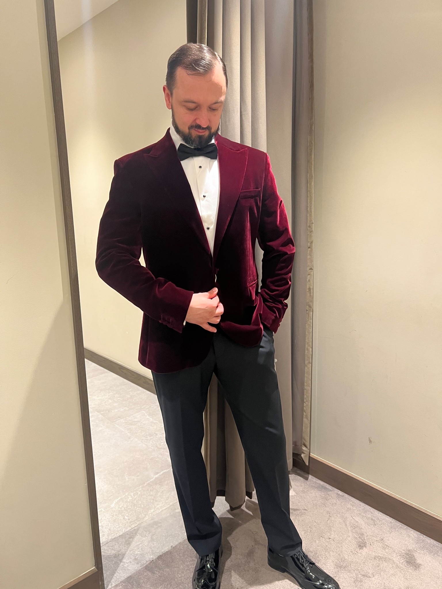 Menswear, tuxedo, burgundy, deep red, wedding outfit, wedding guest, groom, bow tie, cummerbund, black dress shoes, patent shoes, lace up shoes, white shirt, tailored trousers, tailored jacket

#LTKwedding #LTKmens #LTKuk