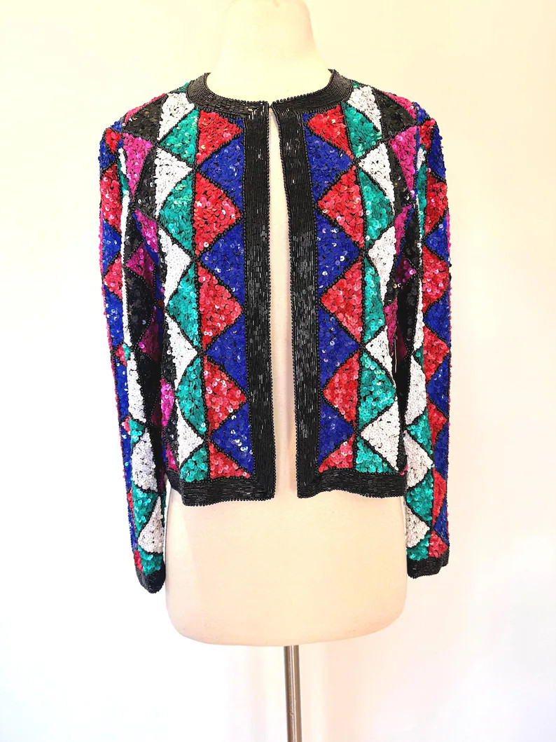 Vintage Sequin Colorful Geometric Jacket, 80s Beaded Harlequin Diamond Pattern Glam Top, Statemen... | Etsy (Global)