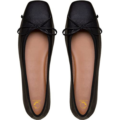 SHODENSE Women Black Ballet Flats Bow Square Closed Toe Flats Shoes Comfortable Slip On Dress Flats Black Matte Leather Flat Heel Office Work Shoes Girl Driving Flats Club Church Spring Matte Black 9 | Amazon (US)