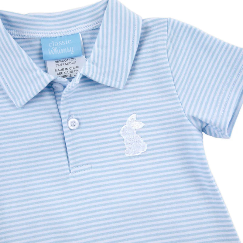 Blue Bunny Applique Light Blue Stripe Polo Romper | Classic Whimsy