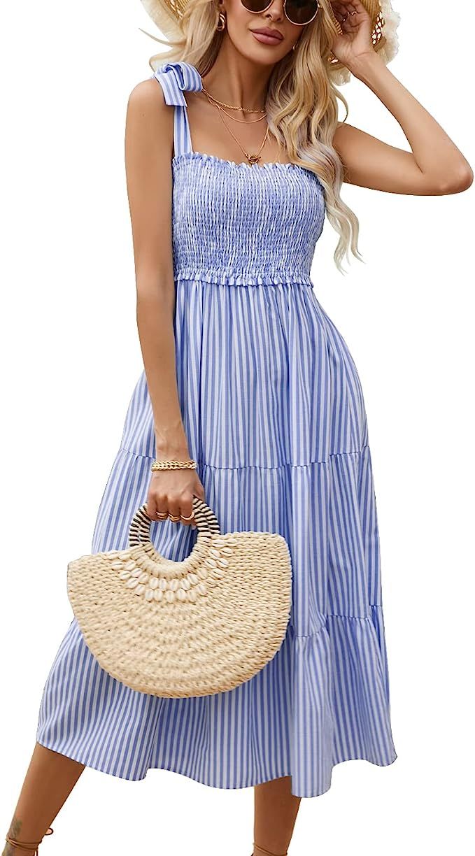 Sexyasasii Striped Dress for Women 2023 Summer Square Neck Tie Shoulder Smocked A Line Beach Vaca... | Amazon (US)