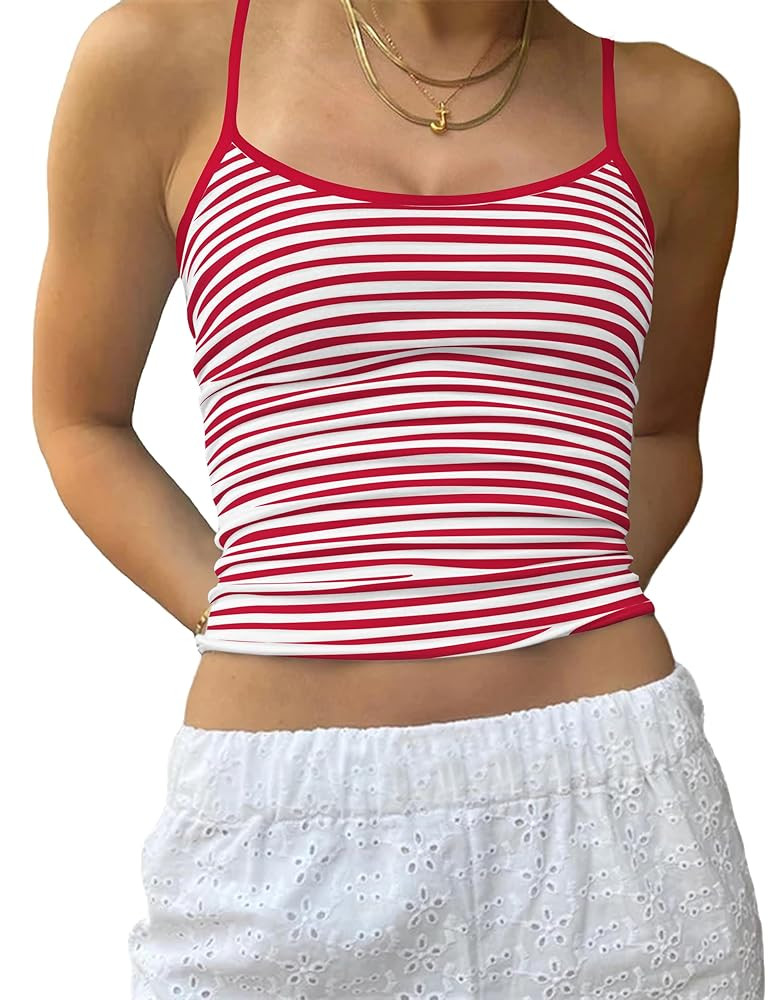 Cioatin Women Y2K Sleeveless Striped Spaghetti Strap Crop Cami Tank Backless Slim Fit Aesthetic G... | Amazon (US)