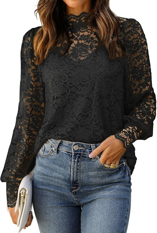 HOTOUCH Lace Tops for Women Sheer Long Sleeve Blouses Dressy Casual Shirt with Camisole 2 PCS Set... | Amazon (US)