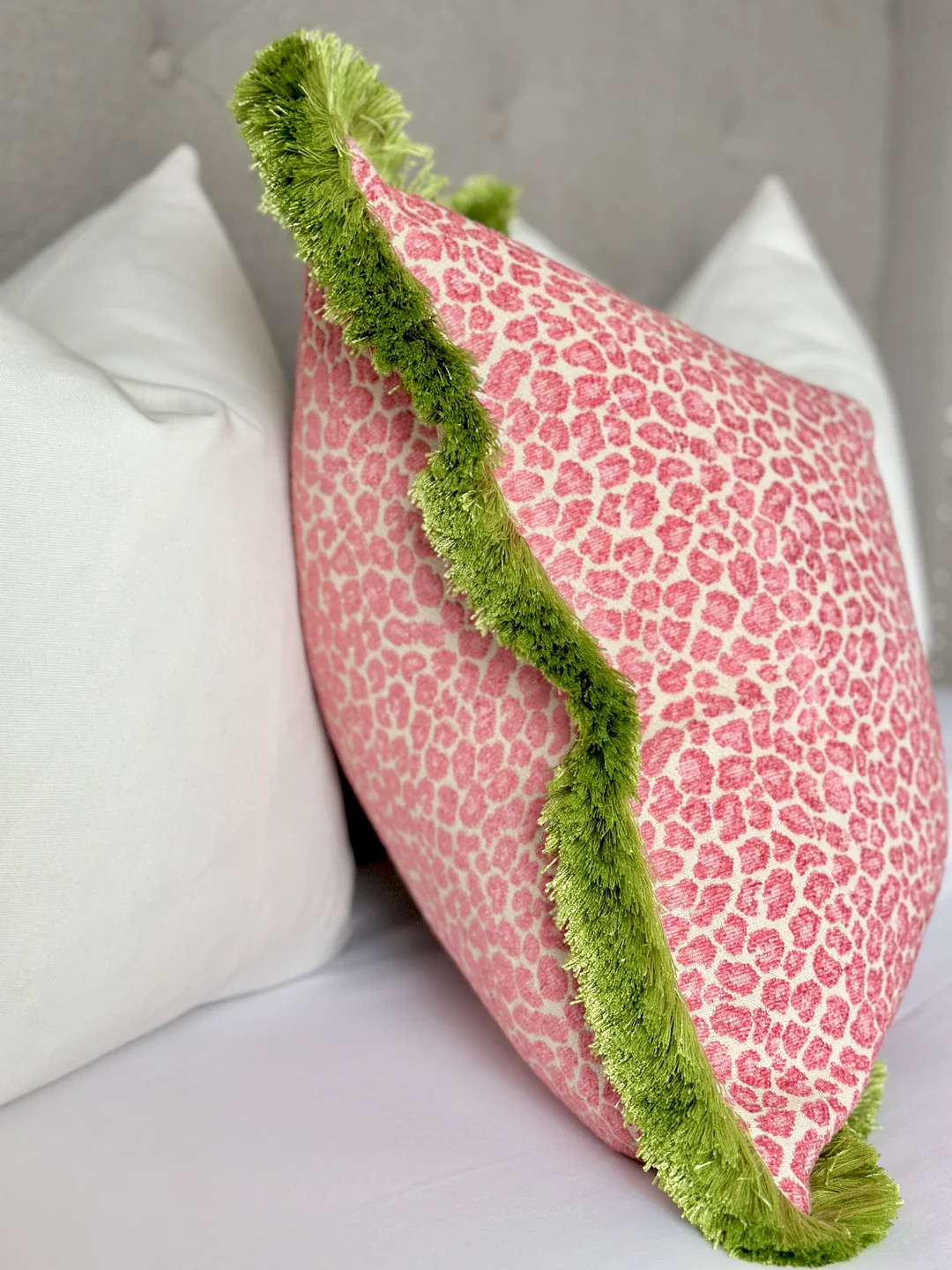 Pink cheetah spotted chenille throw pillow cover with green brush fringe detail, Chinoiserie styl... | Etsy (US)