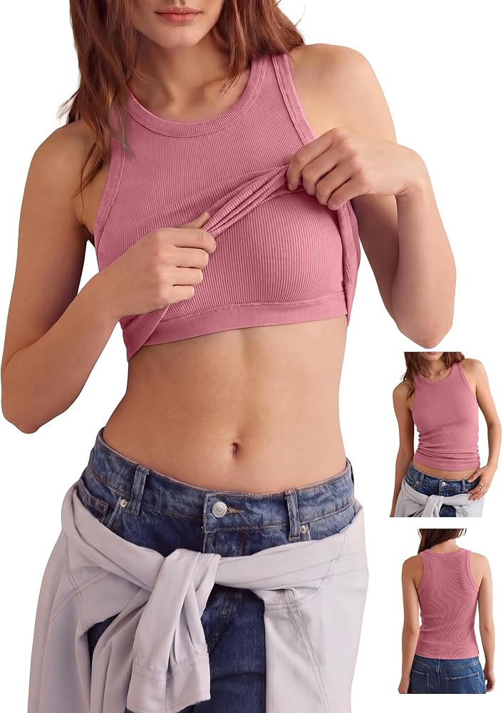 Women's Racerback Crew Neck Tank Tops with Built in Bra Ribbed Slim Fitted Camisole Basic Tee Sum... | Amazon (US)