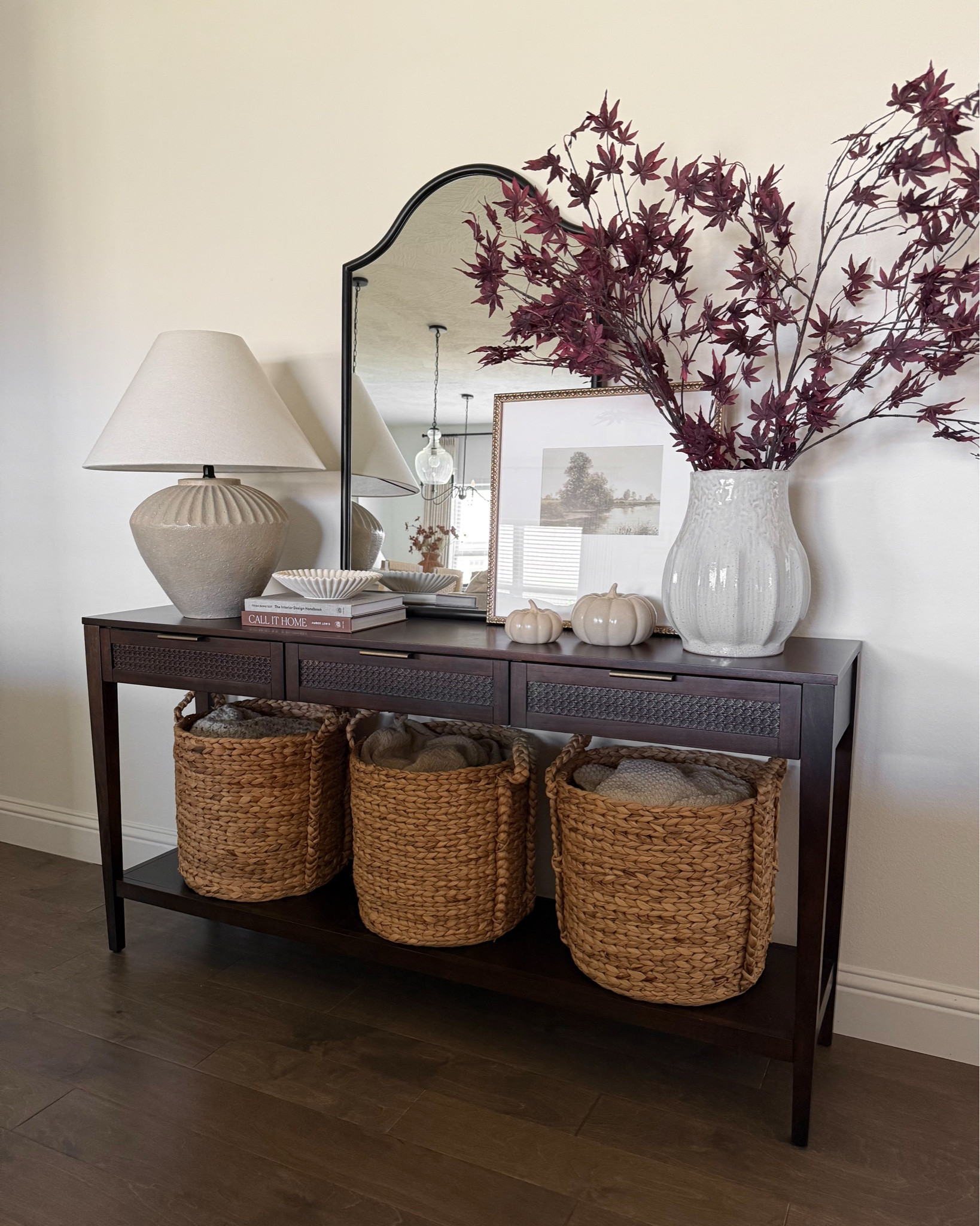 I’ve been loving this view, especially with my new vase taking center stage. Paired with autumn stems and warm accents, it ties the whole console table look together perfectly ✨🍂

#LTKSeasonal #LTKStyleTip #LTKHome