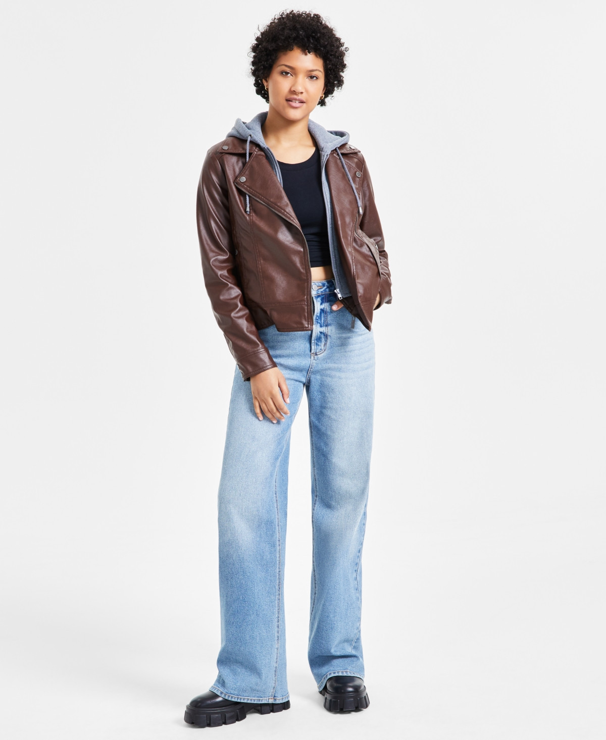 Jou Jou Juniors' Hooded Faux-Leather Moto Jacket, Created for Macy's - Brown | Macy's