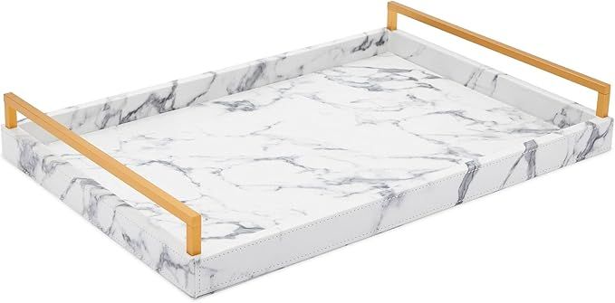 White Marble Serving Tray with Handles for Coffee Table, Kitchen (17x12x2.5 in) | Amazon (US)