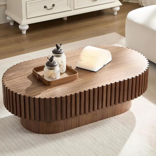 SPMETUYO Oval Coffee Table for Living Room Fluted Coffee Table Mid Century Modern Center Table Wood Tea Table with Pedestal Home Furniture Office Apartment Easy Assembly 43.7" Walnut | Amazon (US)